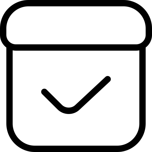 Black outline of a trash can with a checkmark on a white background