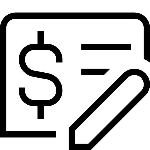 Icon of a dollar sign, equals sign, and check mark inside a square.