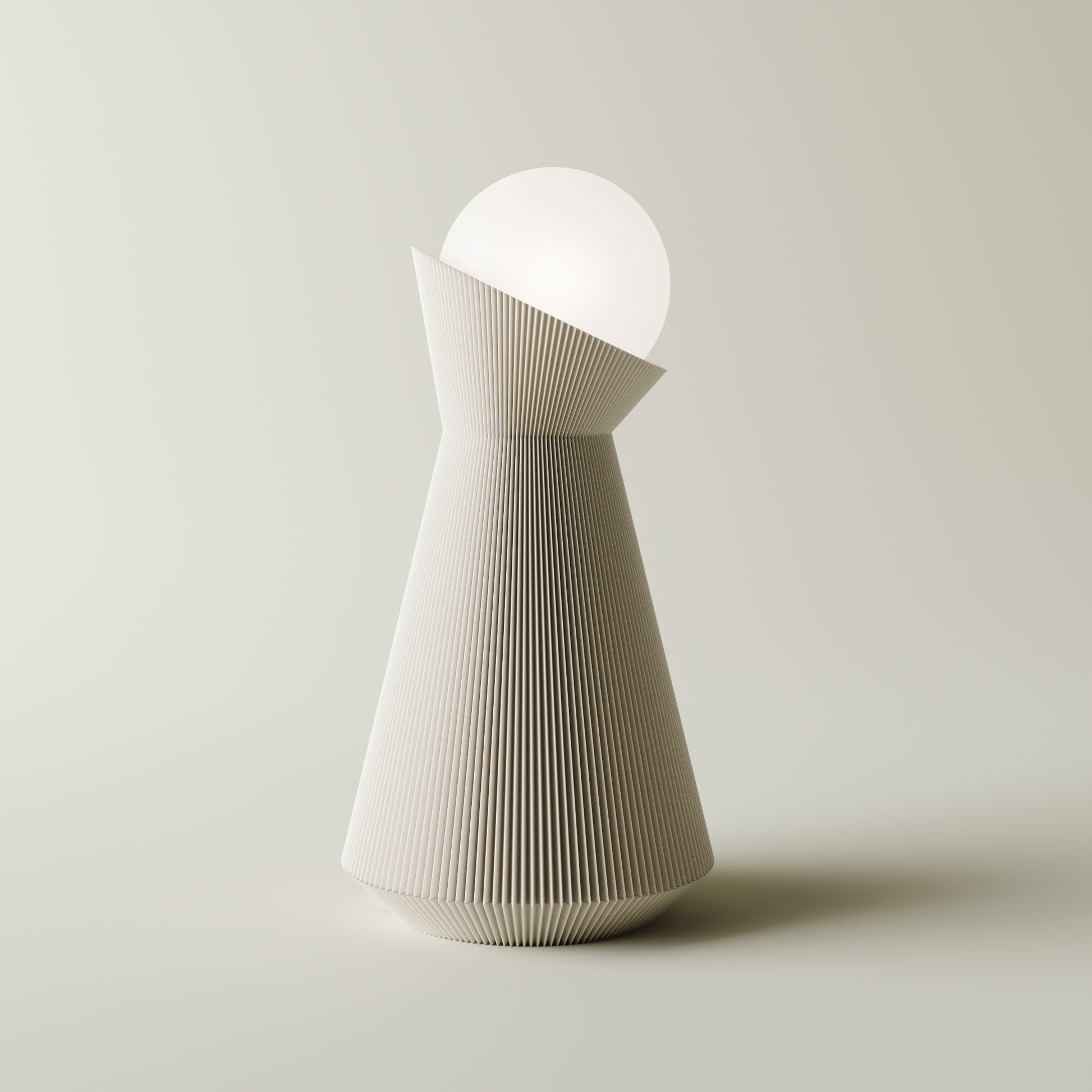 Bone white sera table lamp with white dekorative light bulb on a light gray background