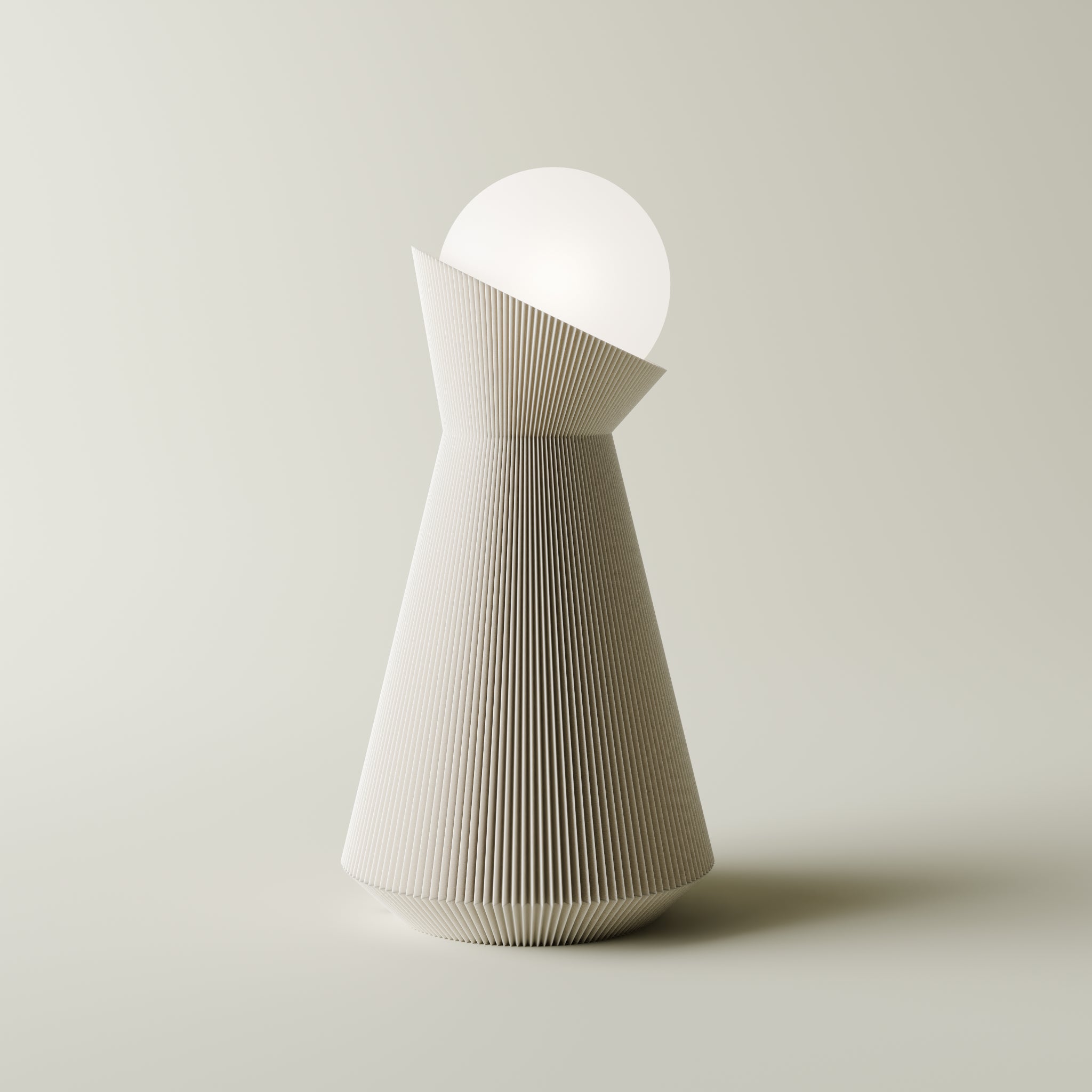 Bone white sera table lamp with white dekorative light bulb on a light gray background