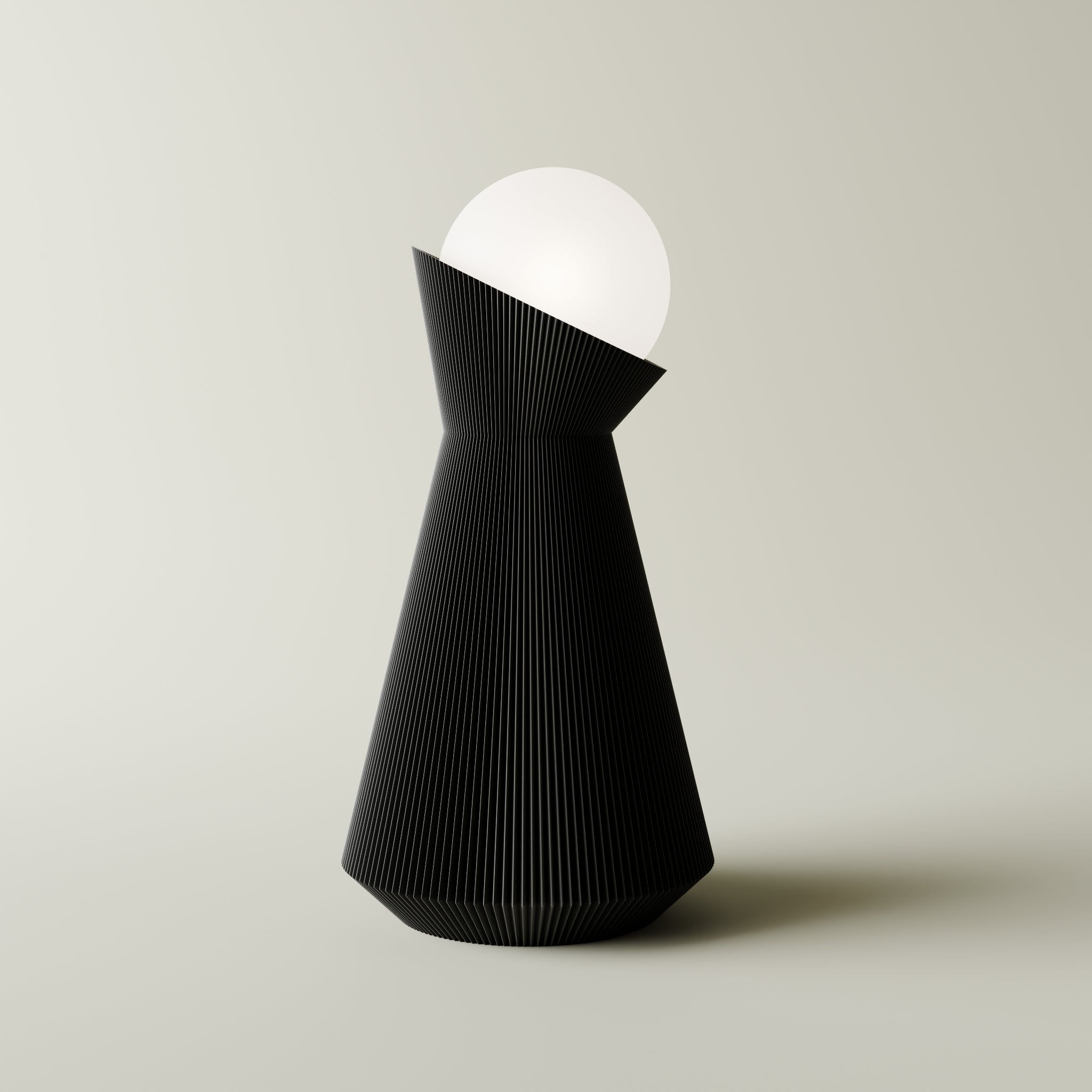 Charcoal sera table lamp with white dekorative light bulb on a light gray background
