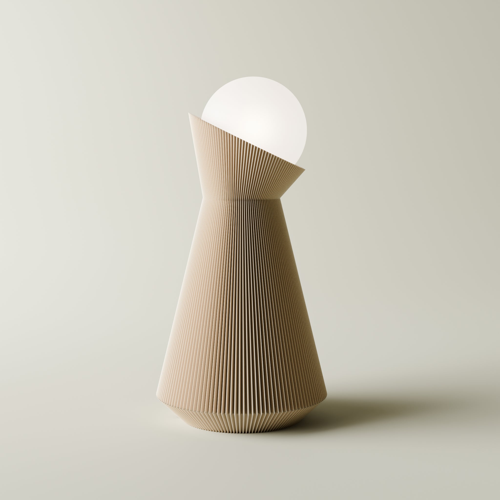 Desert tan sera table lamp with white dekorative light bulb on a light gray background
