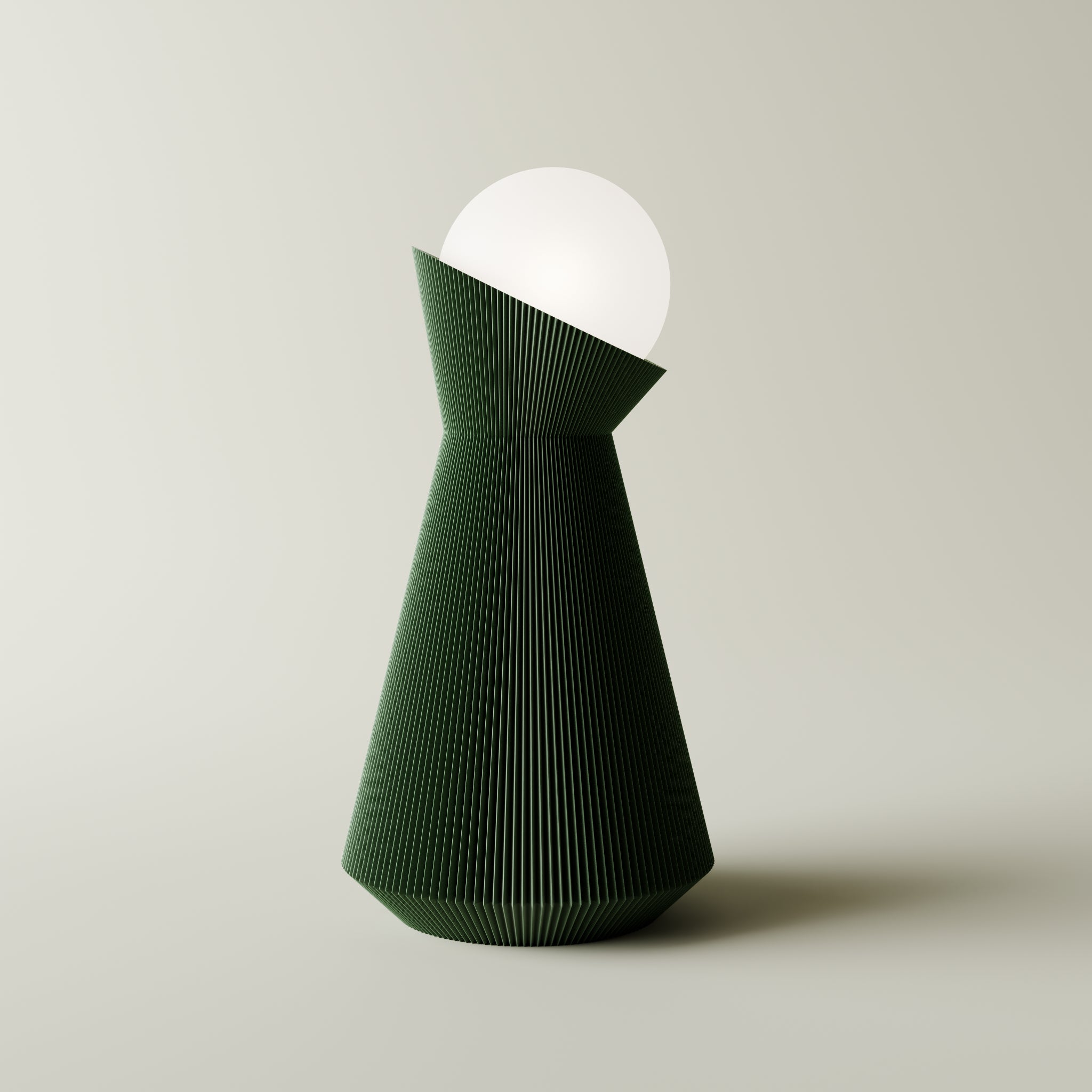 Forrest green sera table lamp with white dekorative light bulb on a light gray background