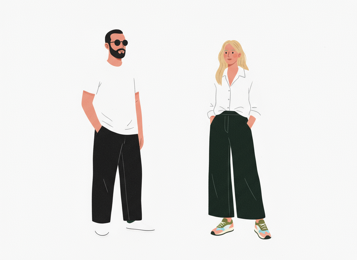 Illustration of two people wearing mulk. clothing